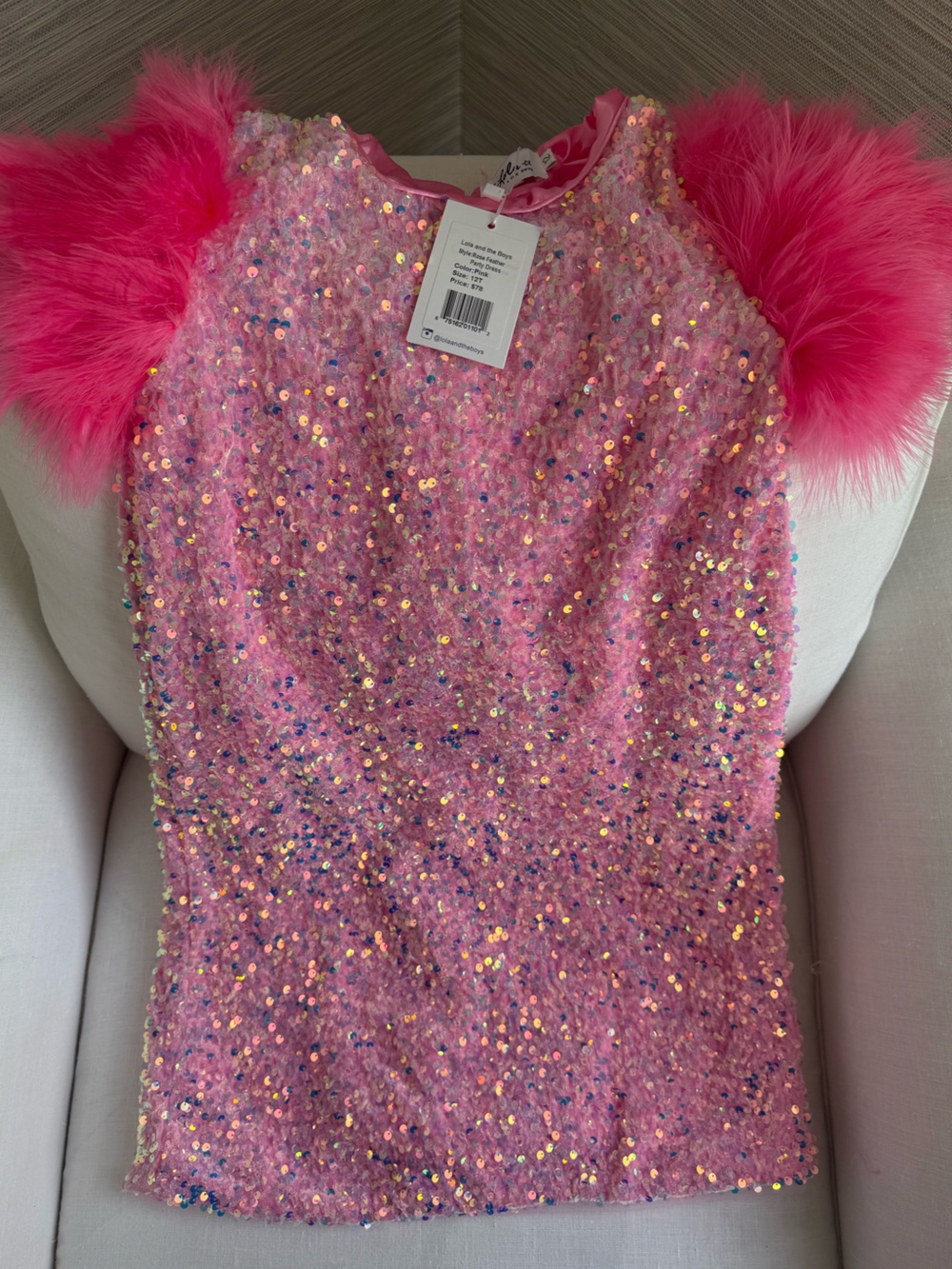 Lola + The Boys Pink Sequin Fuzzy Dress with Pom Poms